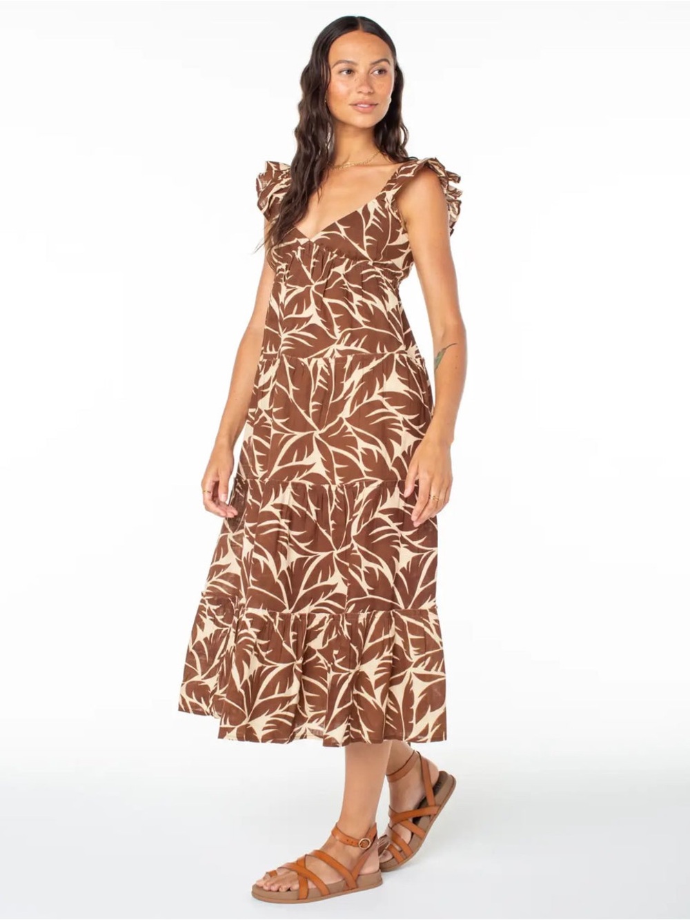Roxy Brown Tropical Print Midi Dress with Cream Leaf Motif - Picture 2 of 6
